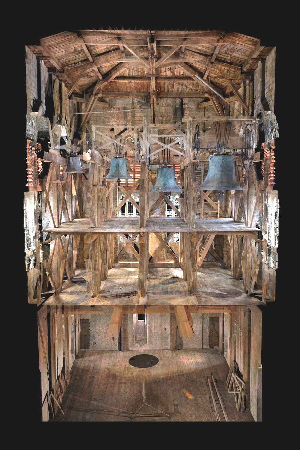 Chambre des cloches scannérisée au laser 3D,vue des étages 2 & 3 Chambre des cloches scannérisée au laser 3D, vue des étages 2 & 3